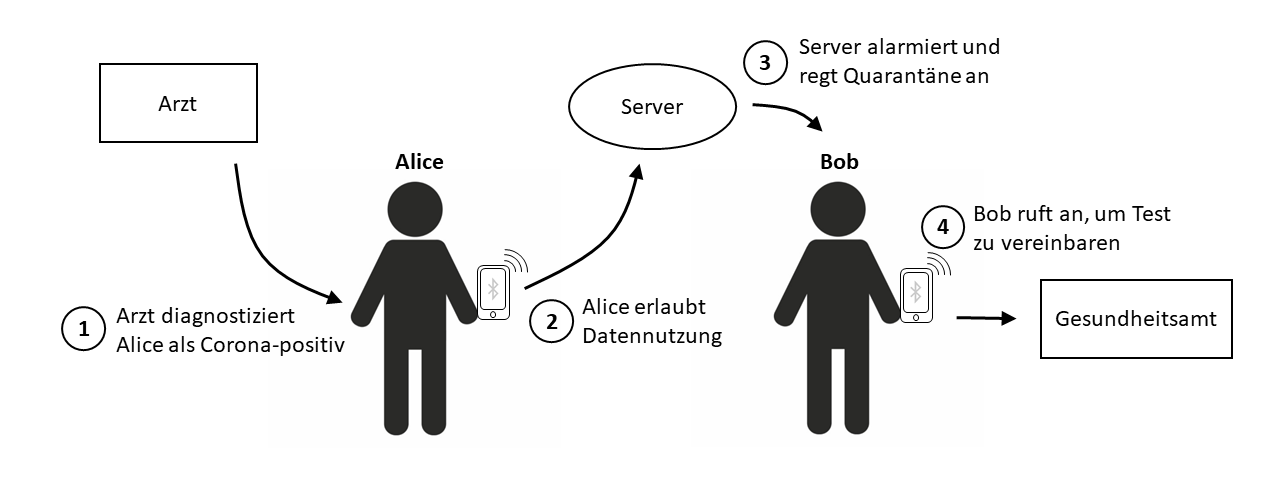 Abbildung 2: Falls nach einer Corona-Diagnose der Nutzer seine App-Daten an den Server sendet, können alle Kontaktpersonen durch die App kontaktiert werden. Die Unterrichtung des lokalen Gesundheitsamts muss die Kontaktperson vornehmen, da ihre Identität nicht mit der App verbunden ist.