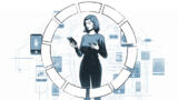 Eine computergenerierte Grafik mit einer Frau mit Smartphone in der Mitte, um sie herum ein Kreis aus unterschiedlichen Felder und technischen Geräten