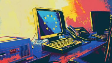 Ein Aquarell in kalligen Farben, darauf zu sehen ein Schreibtisch mit altmodischem Telefon und Computer, auf dem eine EU-Flagge zu sehen ist