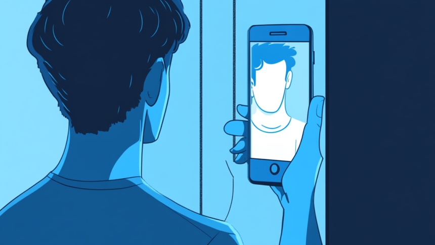 Illustration: Mensch blick auf den Screen eines Smartphones, darauf ein Mensch mit leerem Gesicht