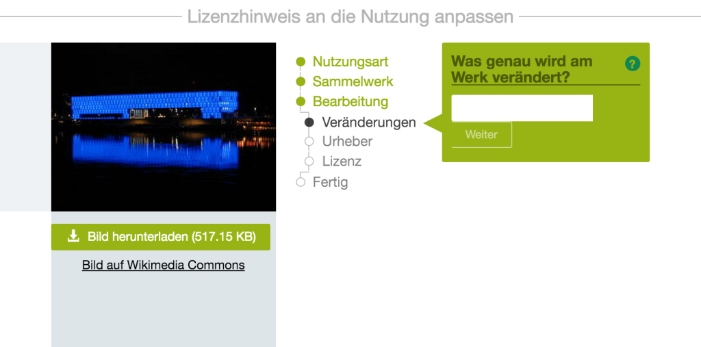 Screenshot des Lizenzhinweisgenerators; Bild links: User:Mikegr, LentosNightBlue, CC BY-SA 4.0